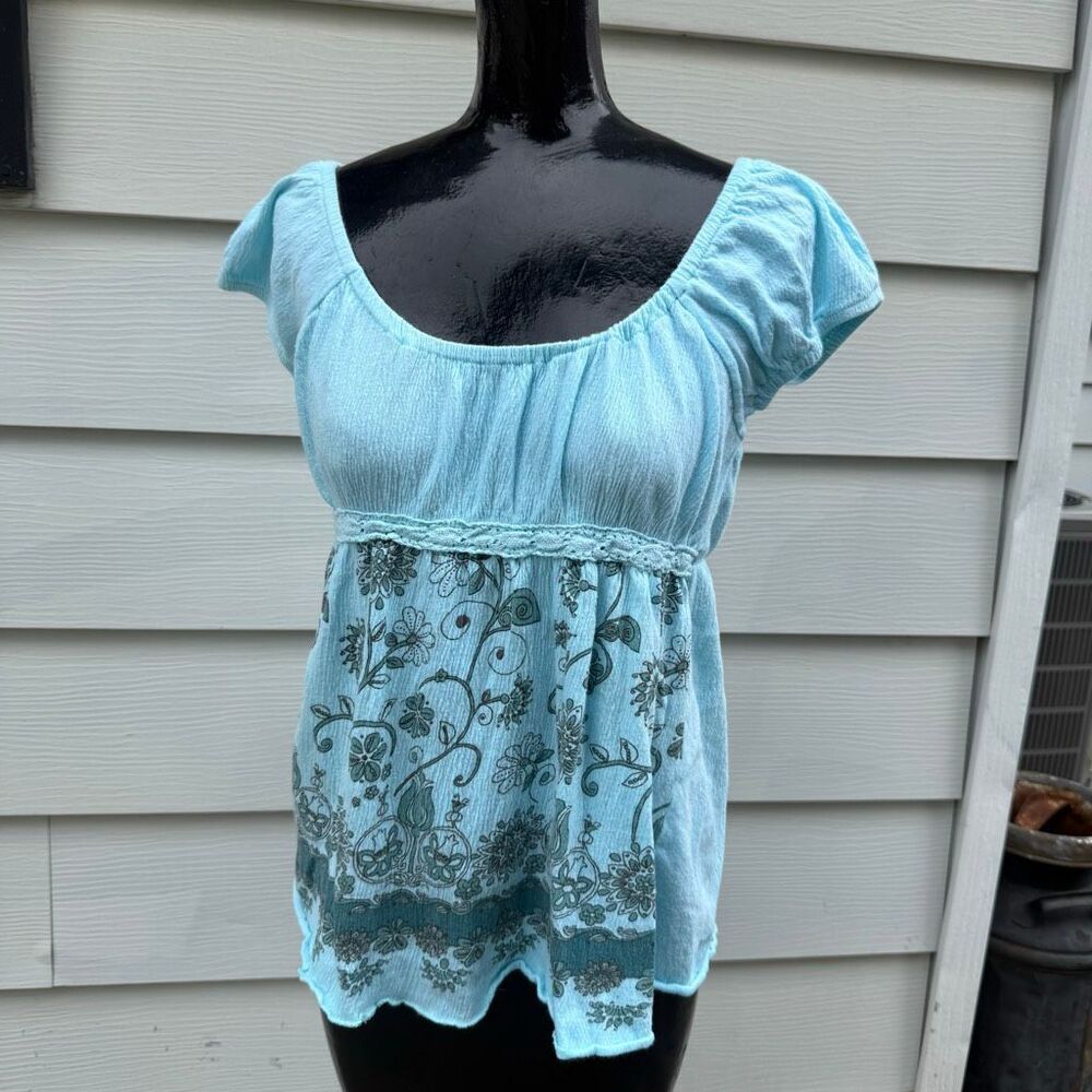 Gitano Y2K Sky Blue Empire Waist Boho Top Shirt Blouse